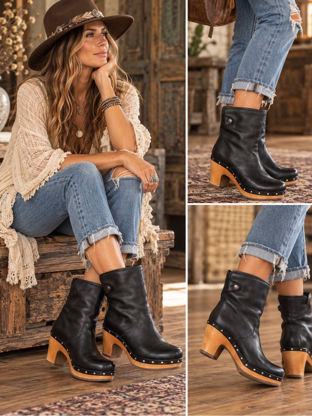 UGG Black Leather Clog Boots with Wood Heel
